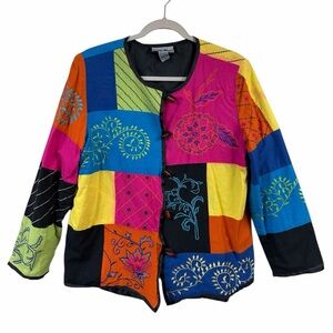 VTG Indigo Moon Colorful Floral Embroidered Patchwork Boho Jacket Size M